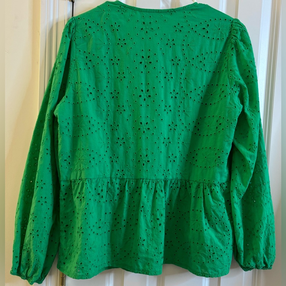 Kirundo Blouse Top Green Eyelet Bow long-sleeve textured, buttons tie-neck large - Picture 4 of 9